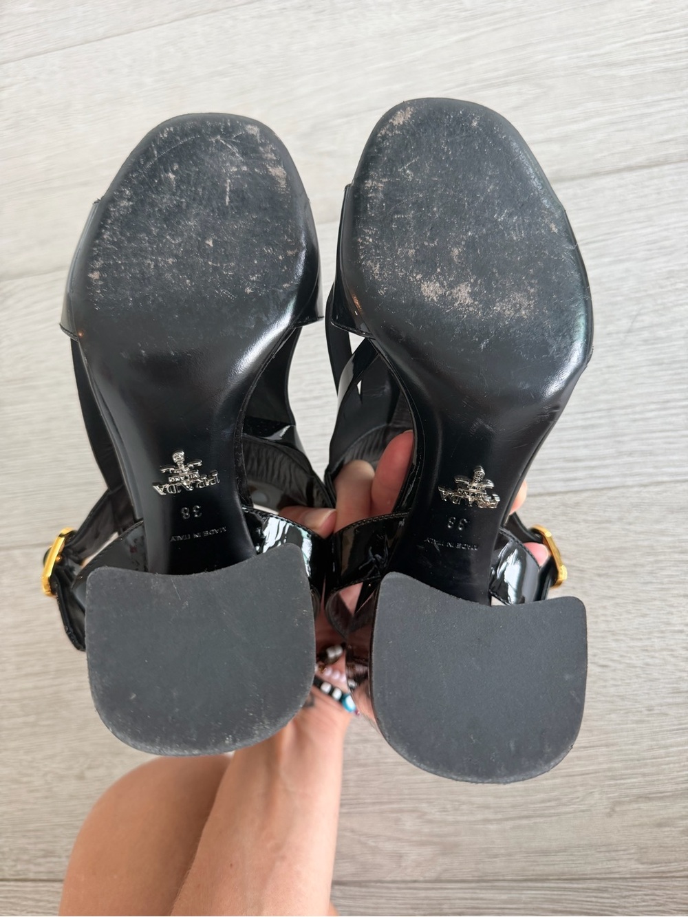 Prada Black Patent Leather Open-Toe Block Heel Sandals with Gold Buckle - Picture 4 of 4